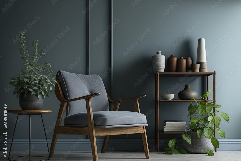 cozy living room with a comfortable chair, lush potted plant, and stylish shelf decor. Generative AI