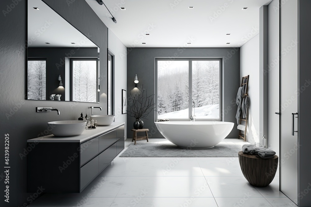spacious bathroom with a luxurious bathtub and elegant sink. Generative AI