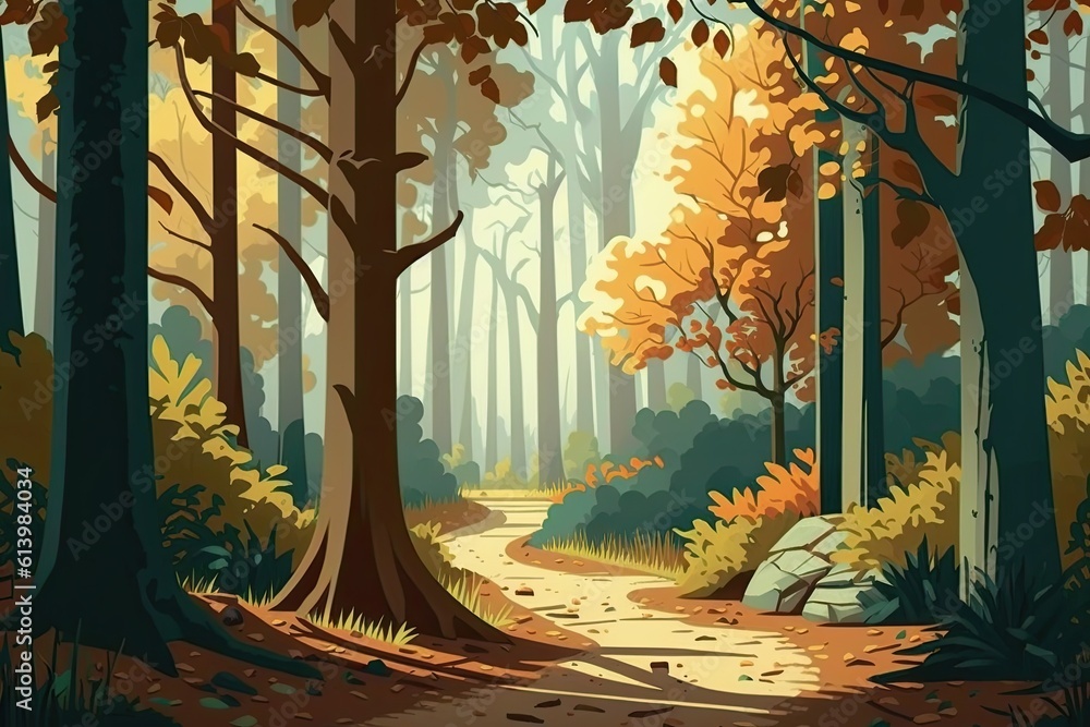 serene forest path leading through the trees. Generative AI