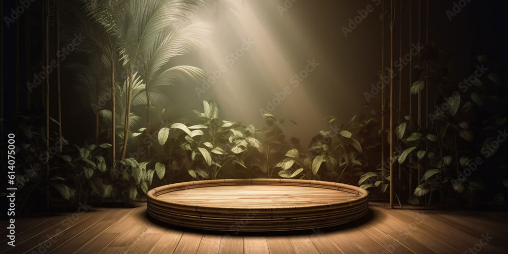 Wooden podium with tropical leaves decor background template. Created with Generative AI technology