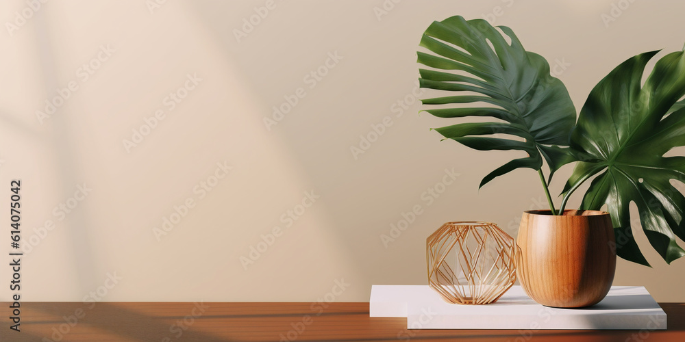 Serene indoor scene with houseplant on wooden table background template. Created with Generative AI 