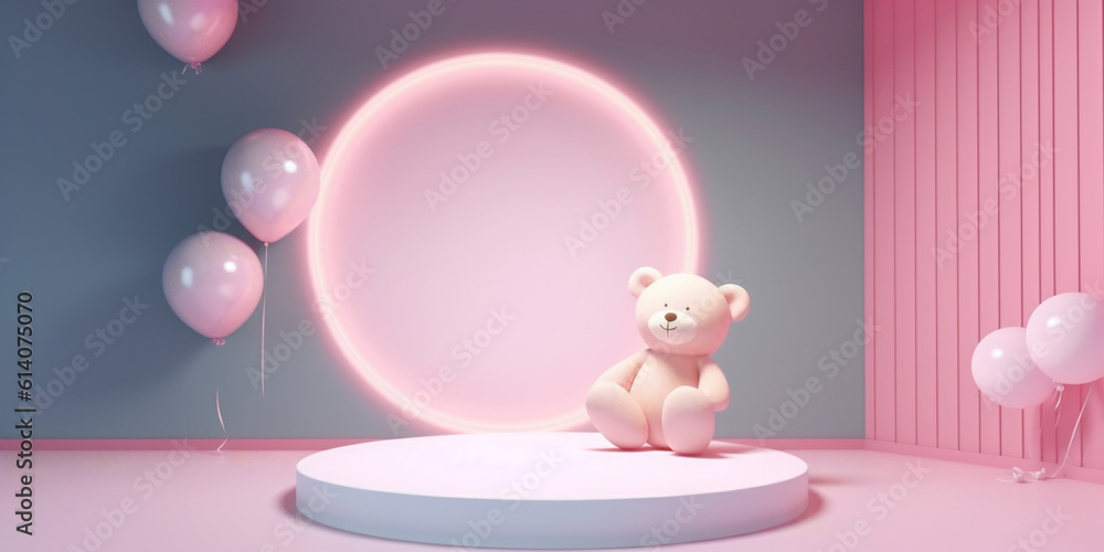 Cute teddy bear sitting on podium surrounded by pink balloons and glowing round disk on wall. Backgr