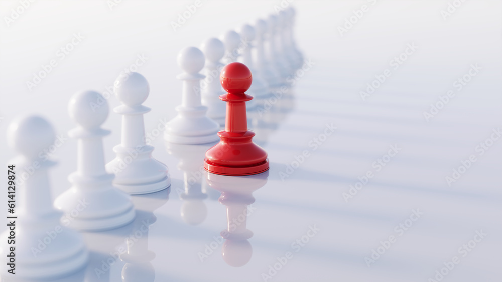 Red chess pawn standing out from the crowd of white pawns - Leadership concept. 3d illustration