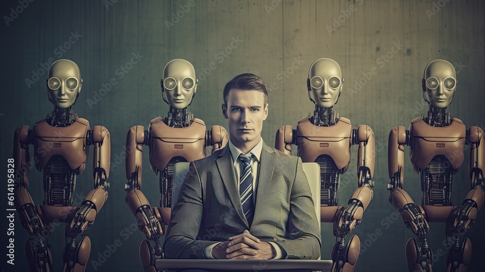 Business people variety and humanoid robot sit and waiting for a job interview. Generative ai