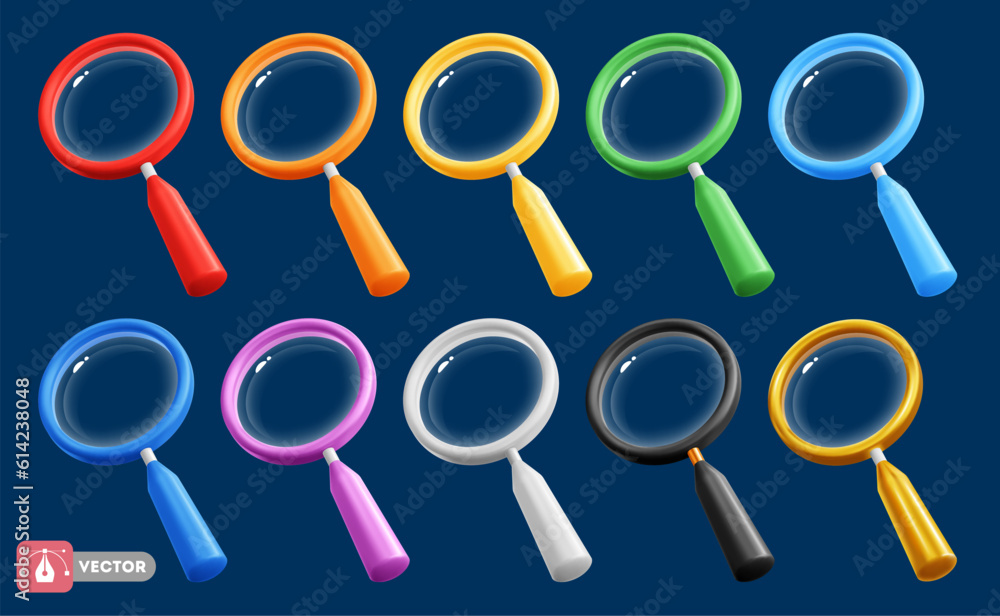 Magnifying glass, 3d realistic, minimal and glossy style, isolated on dark background. Set of multic