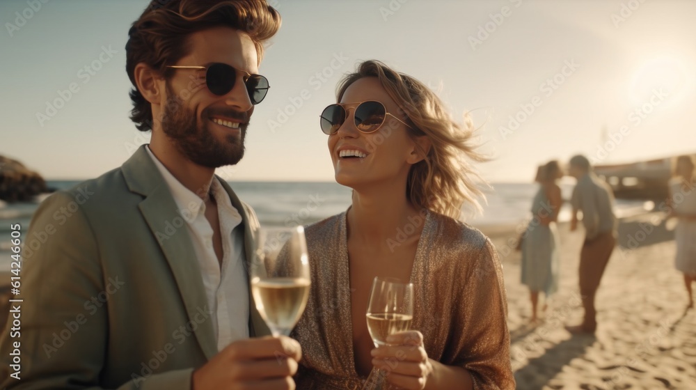Happy couple drink champagne on the beach. Illustration AI Generative.