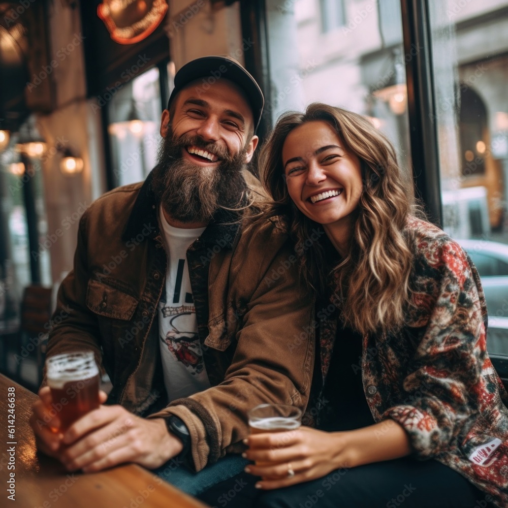 Happy couple drink beer on the street. Illustration AI Generative.