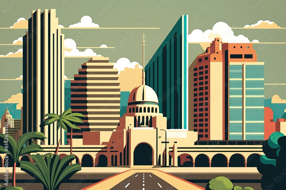 modern city skyline with palm trees in the foreground. Generative AI