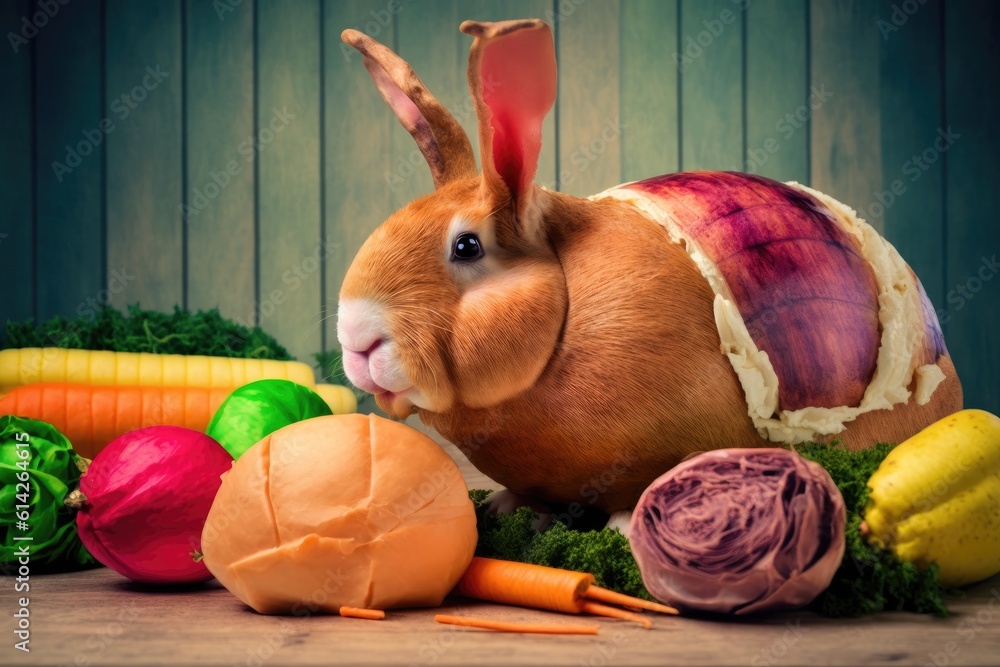 cute brown rabbit surrounded by fresh vegetables. Generative AI