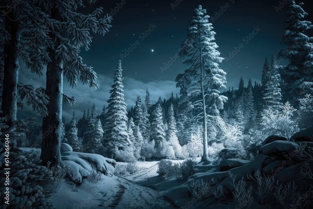 serene winter wonderland forest at night with snow-covered trees and a bright moon in the sky. Gener