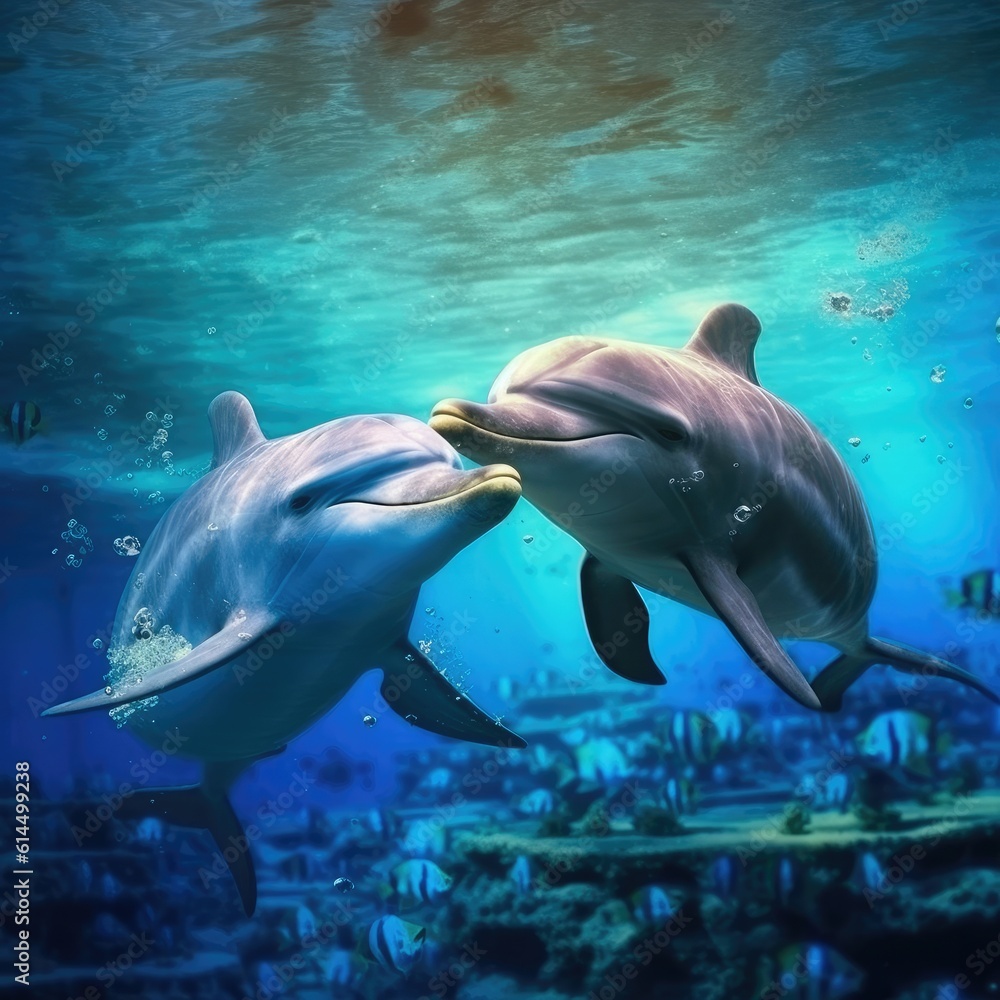 Two spinner dolphins swim under the sea.