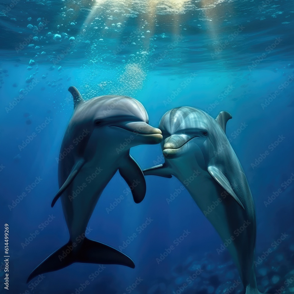 Two spinner dolphins swim under the sea.