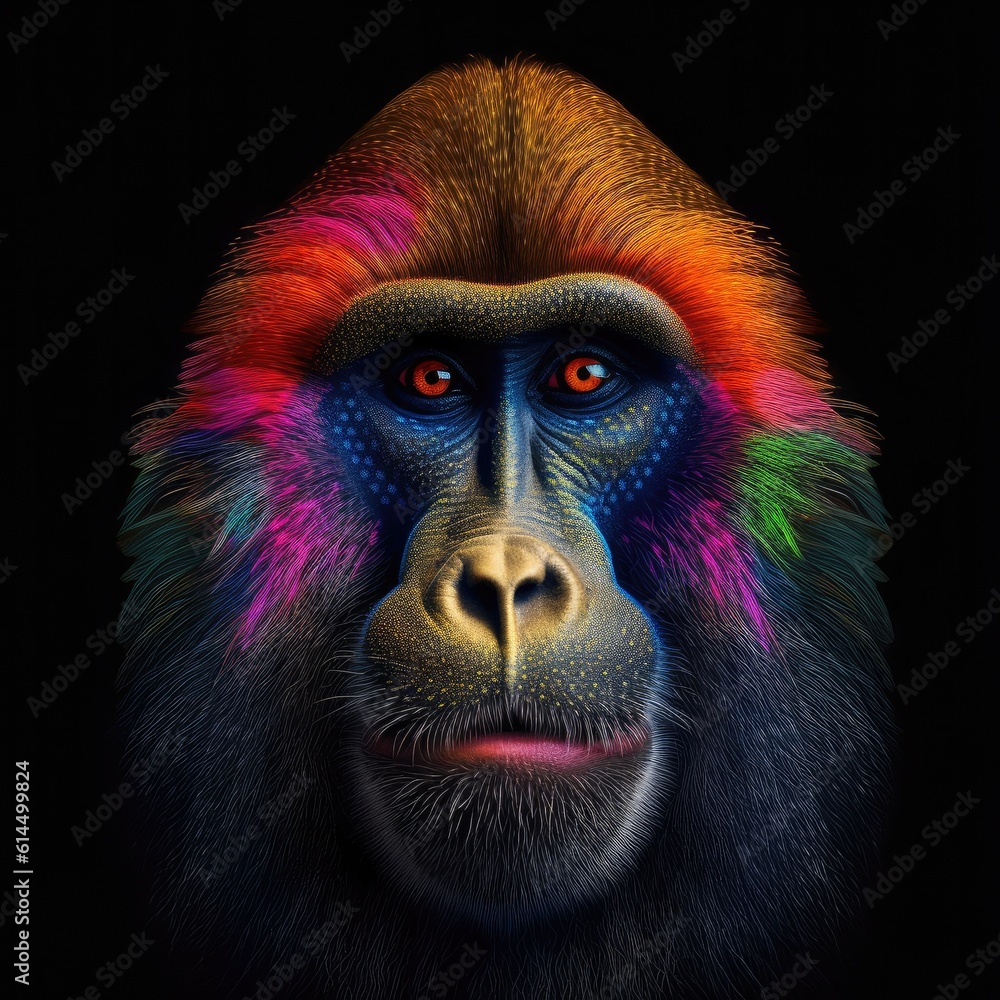 Close up of a face of a monkey, Full colors rainbow.