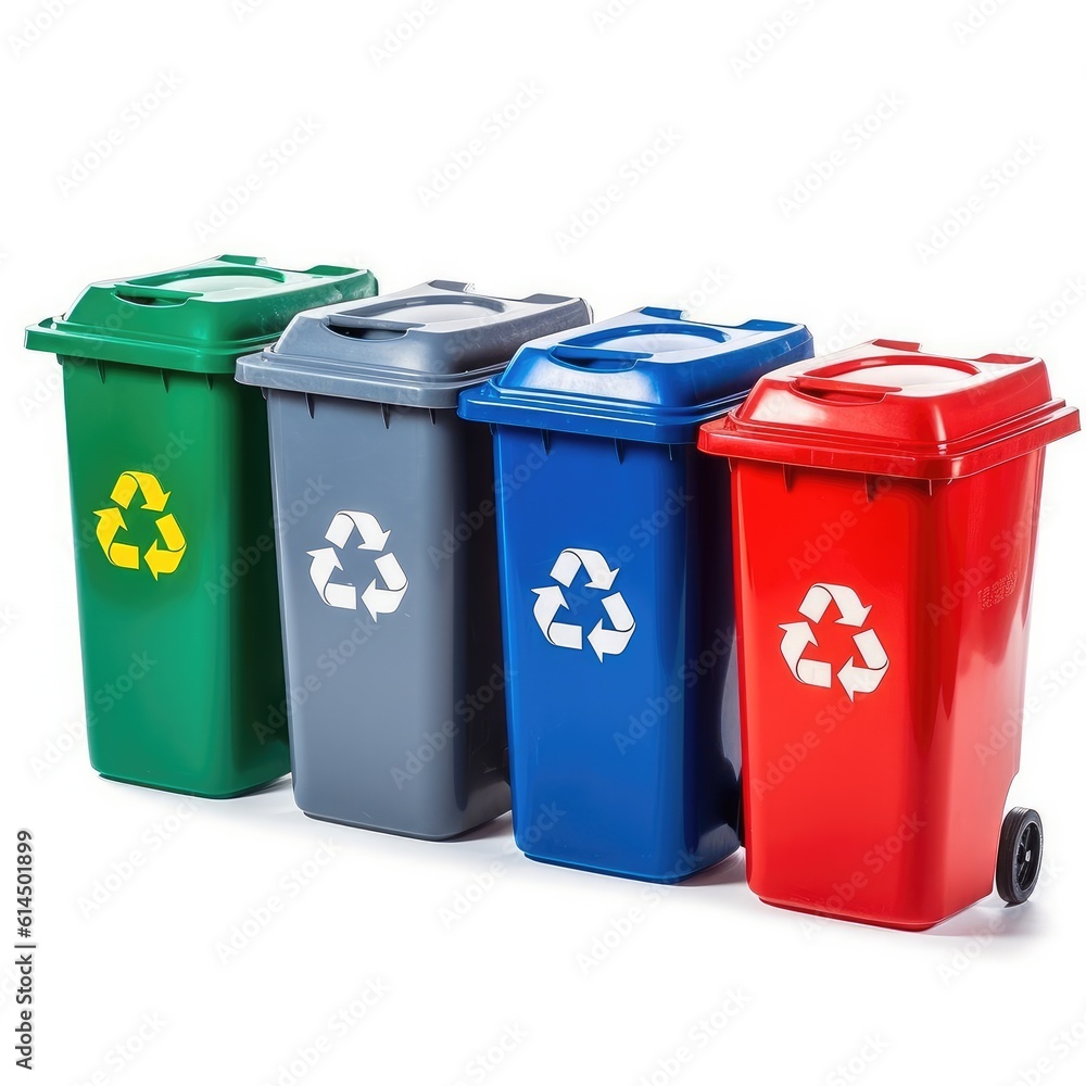 Yellow, green, blue and red recycle bins with recycle symbol on white background.