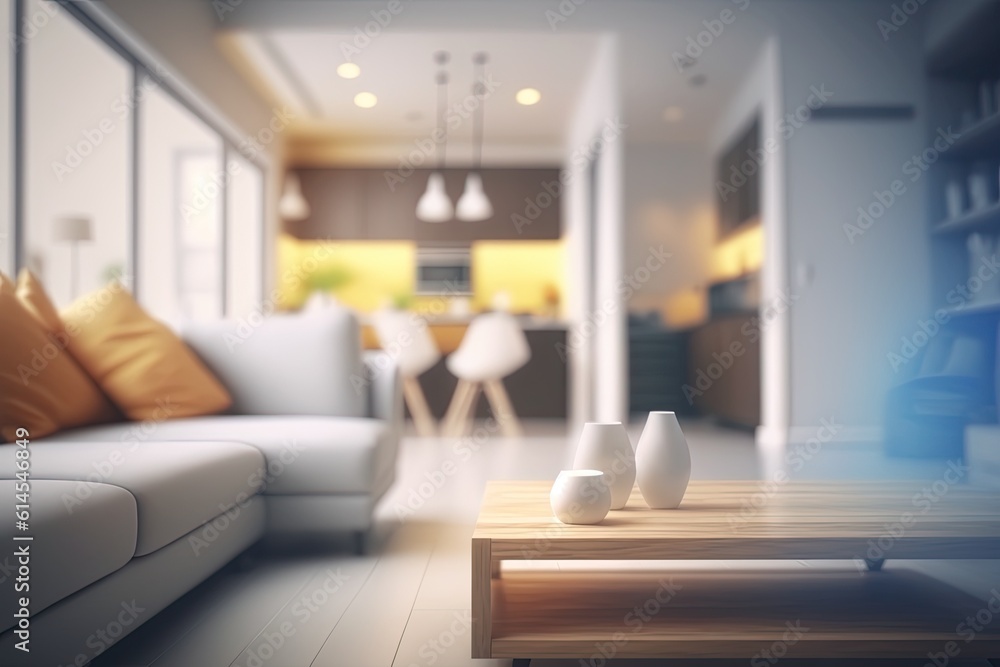 cozy living room with comfortable furniture and a coffee table. Generative AI