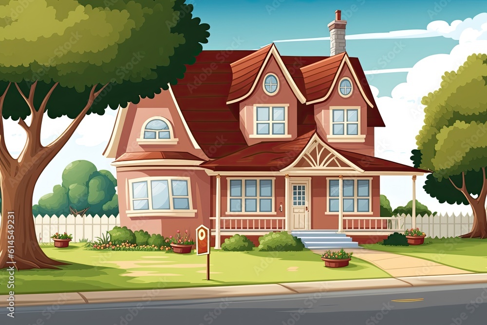 cozy cartoon house with a vibrant red roof nestled among lush green trees. Generative AI