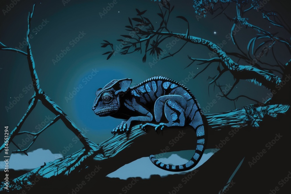 chameleon perched on a tree branch under the moonlight. Generative AI