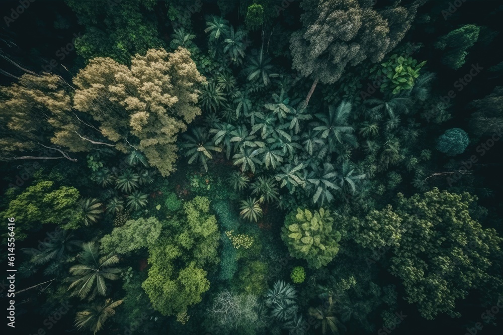 expansive forest as seen from above with a canopy of lush green trees. Generative AI