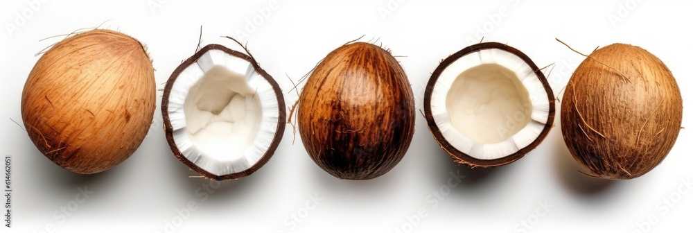 Top view of coconut, Set of fresh whole and half coconut and slices isolated on white background. Ge