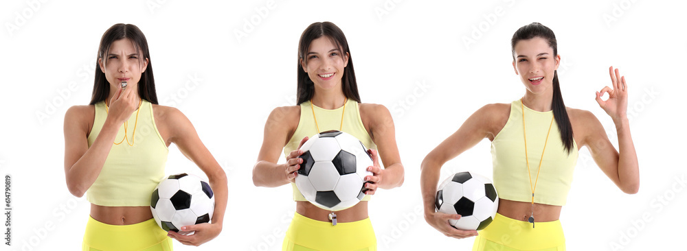 Set of sporty female coach with soccer ball on white background