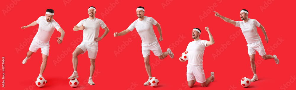 Man playing soccer on red background