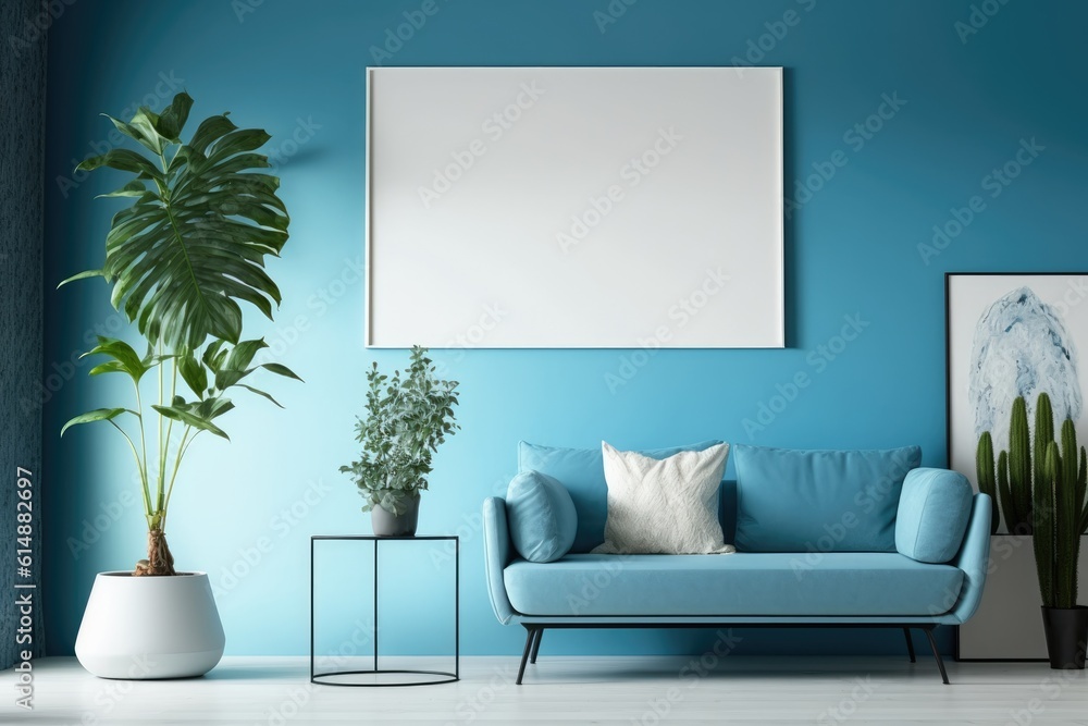 cozy living room with a blue color scheme. Generative AI