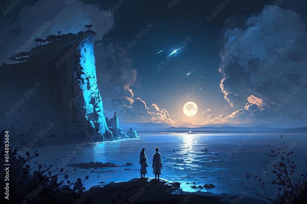 two individuals admiring the nighttime ocean view from a cliff. Generative AI