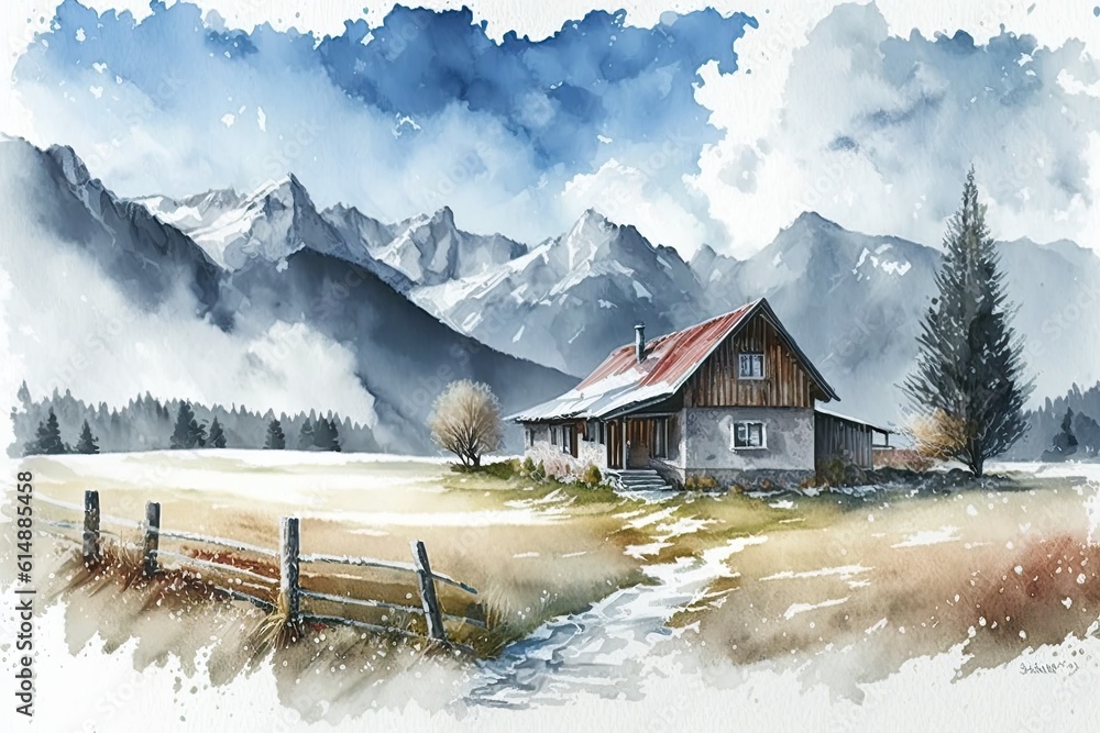 mountain house landscape painting. Generative AI
