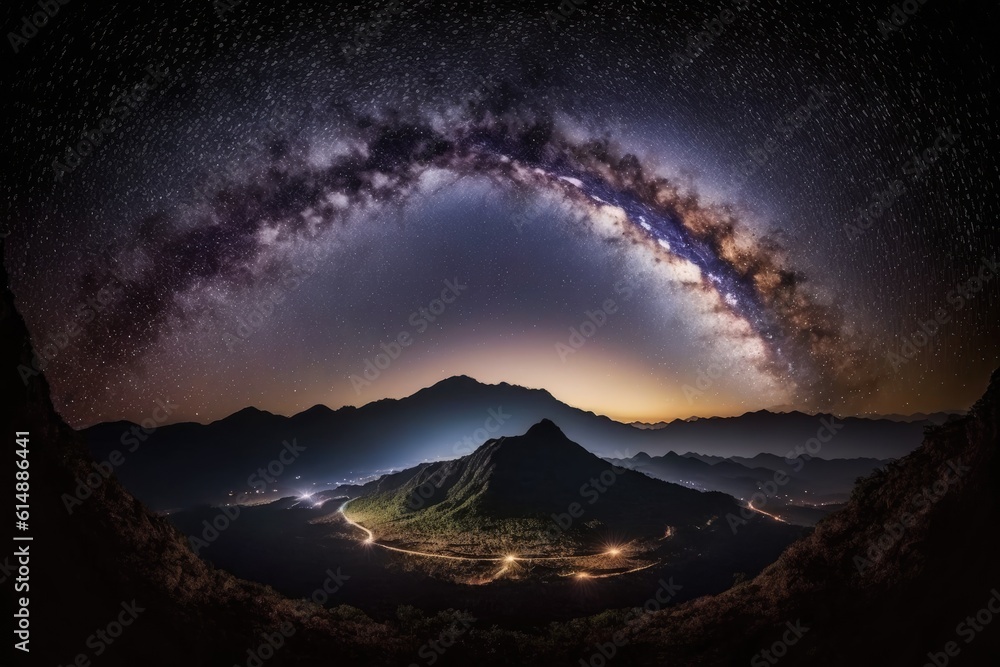 starry night sky seen from a mountain top. Generative AI