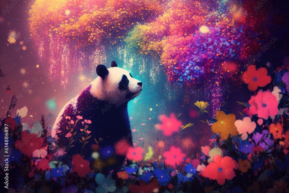 panda bear enjoying a peaceful moment in a meadow of colorful flowers. Generative AI