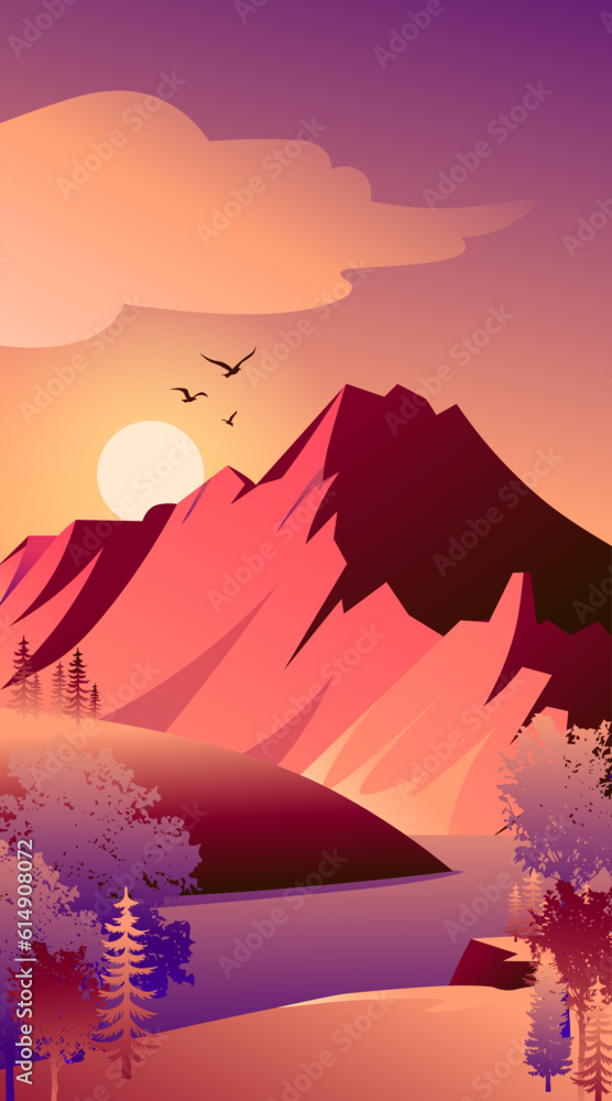 Beautiful landscape with high mountains at sunset