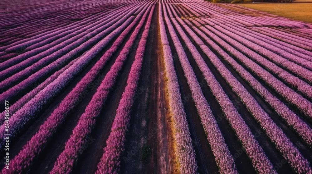 Aerial view of bulb fields in springtime purple.