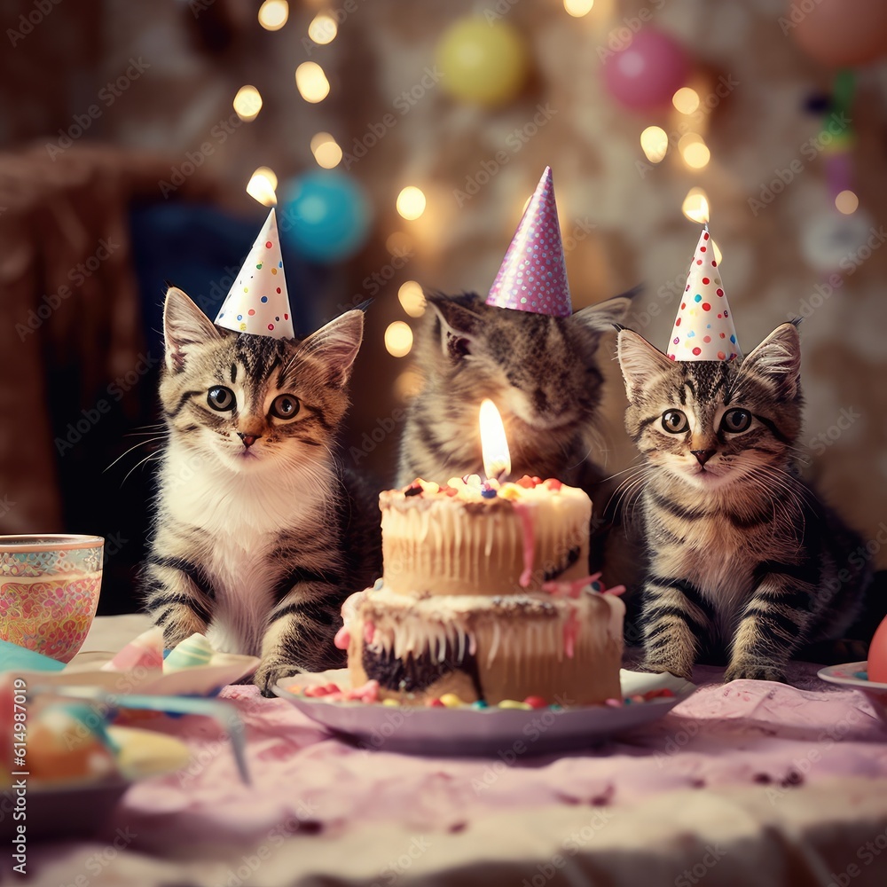 Kitten celebrating with a birthday cake with birthday candles, Pet party.