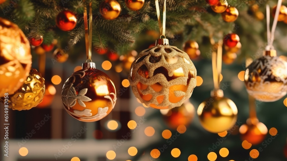 Christmas decoration, Hanging gold balls on pine branches christmas tree garland and ornaments, Chri