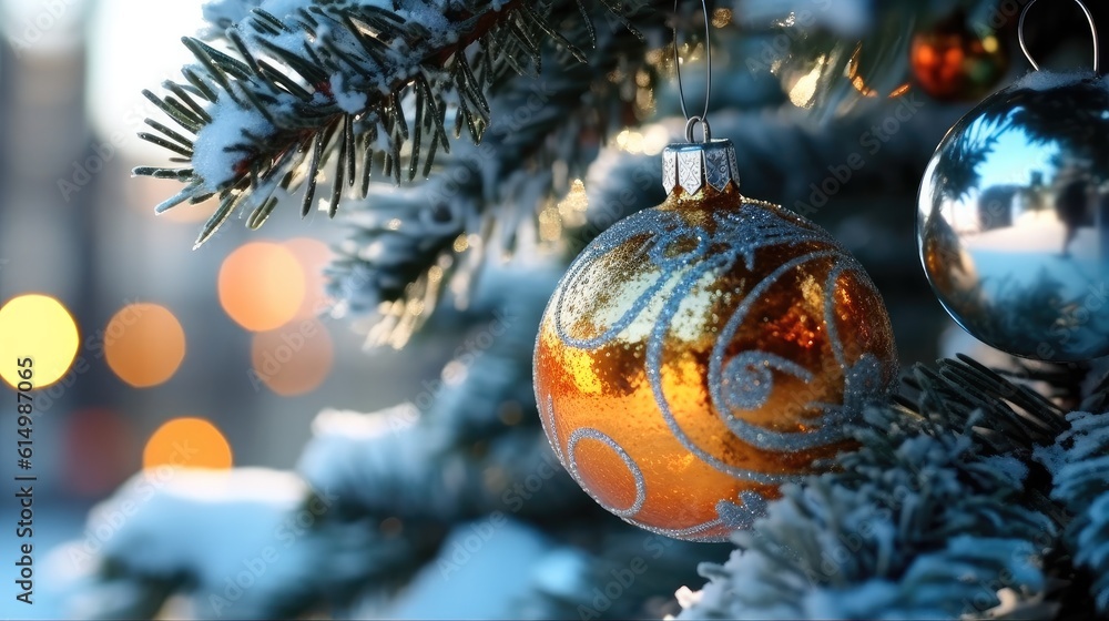 Christmas decoration, Hanging gold balls on pine branches christmas tree garland and ornaments, Chri