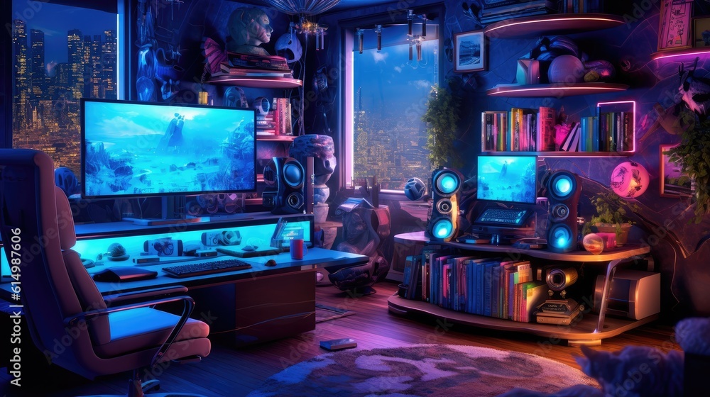 Games room surrounded by colored led lights with a cyber gamer computer.