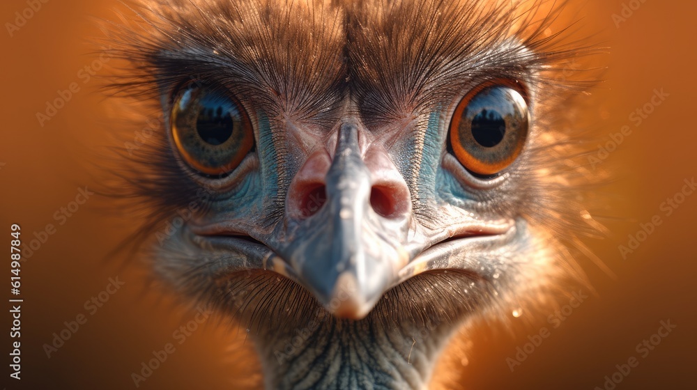 Close up of ostrich head, Bird ostrich with funny look, Big bird from Africa, Long neck and long eye