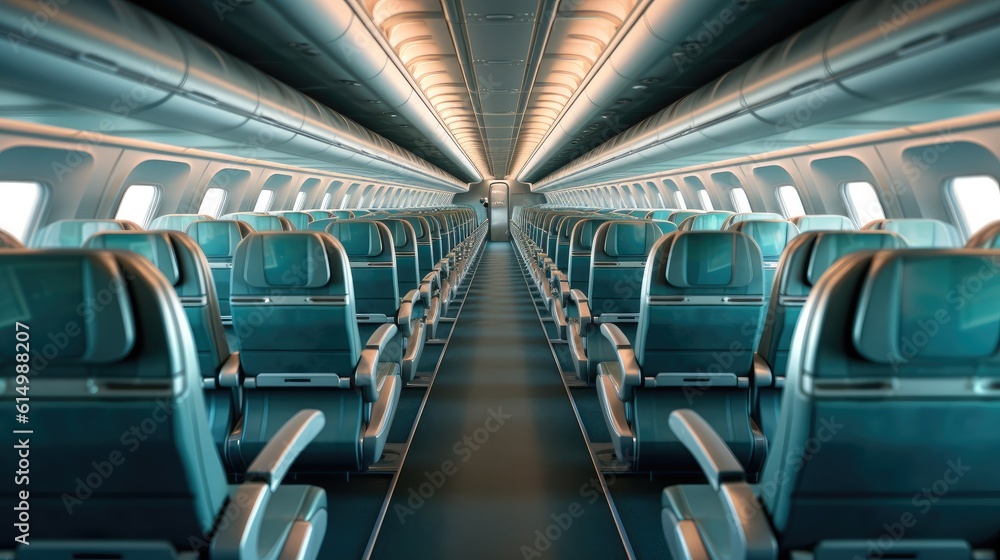 Plane interior with seats, Empty airplane cabin interior.