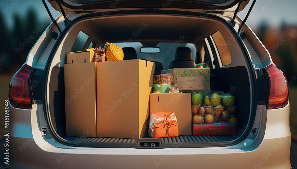 Stock Up and Save: Groceries Packed in the Car Trunk for Home Delivery - ai generated