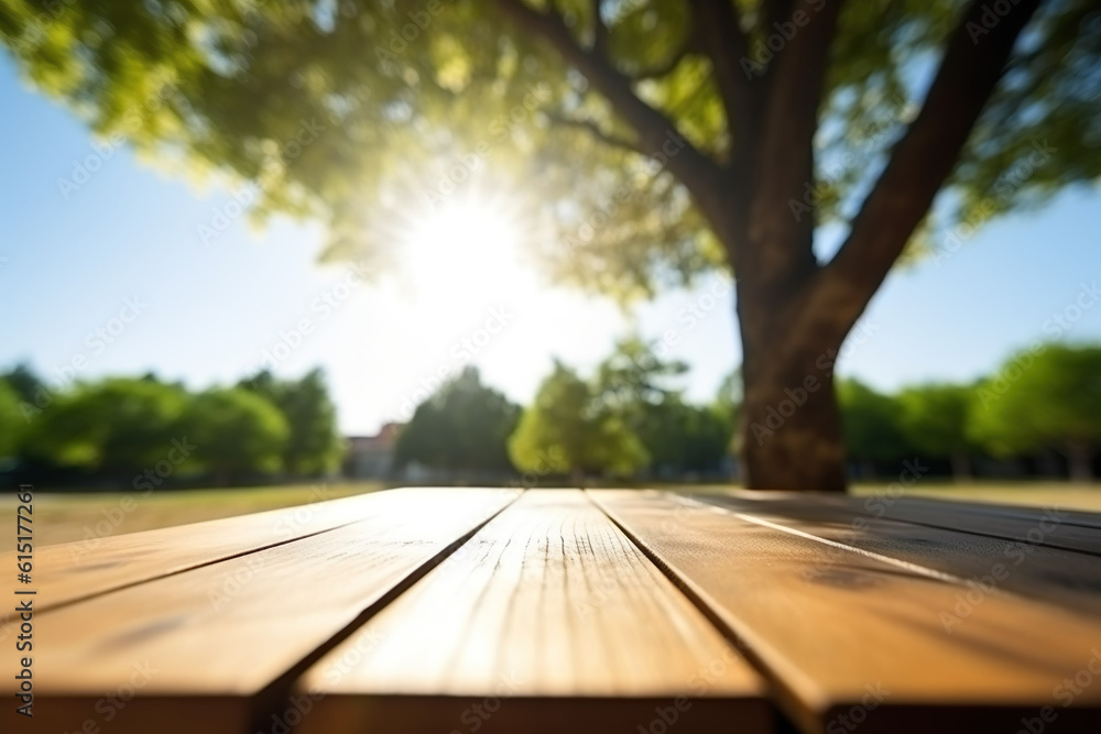Natures Canvas: Close-Up of an Empty Wooden Table, Bathed in Sunlight and Embraced by the Tranquil 