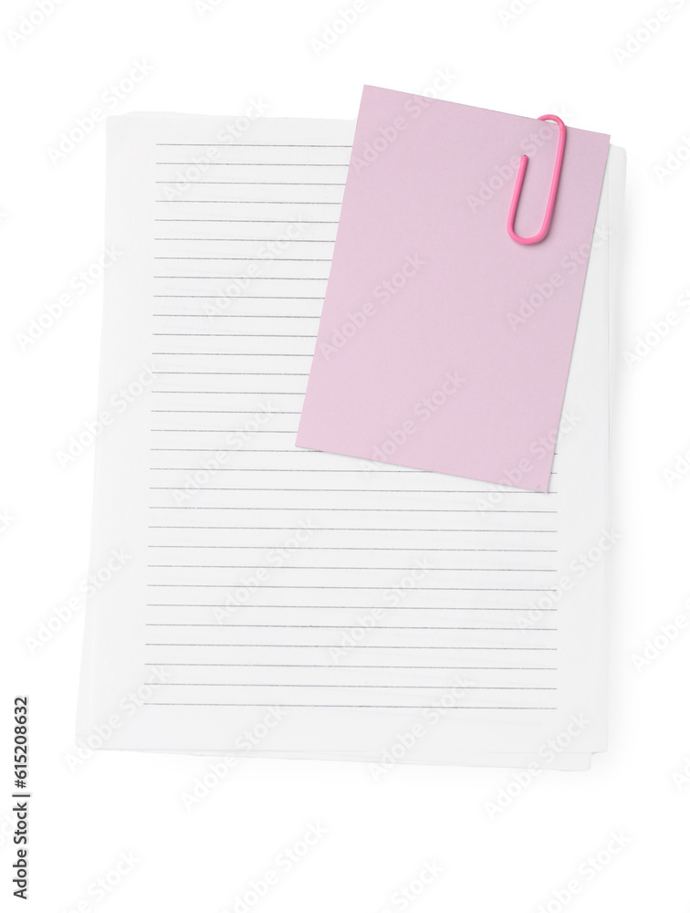 Paper sheet and sticky note on white background