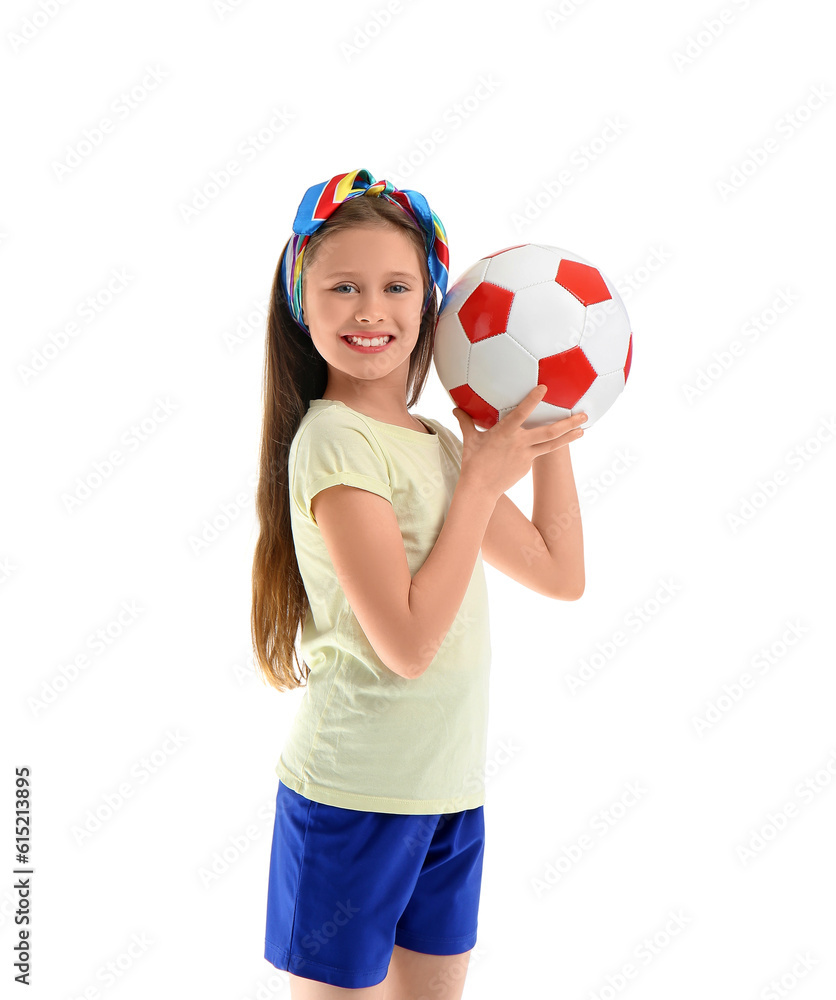 Little girl with soccer ball on white background