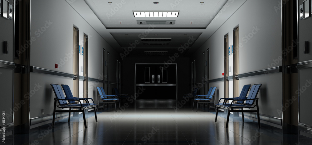 Long dark hospital corridor with rooms and seats 3D rendering. Empty accident and emergency interior