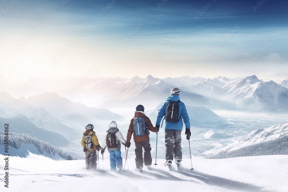 Family ski vacation. Group of young skiers in the Alps mountains. Mother and children skiing in wint
