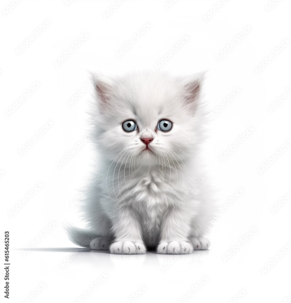 Cute little white cat baby kitty realistic photo generative AI illustration isolated on white backgr