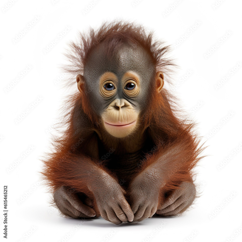Funny ape orangutan baby chimpanzee sitting generative AI illustration. Lovely animal babies concept