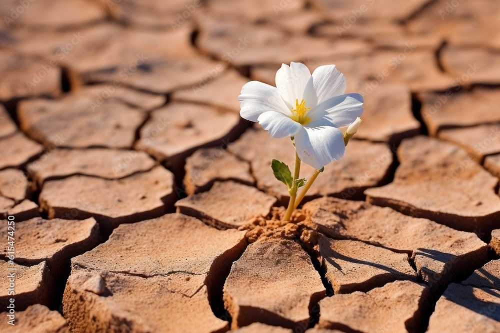 tiny white flower broke through dry cracked earth