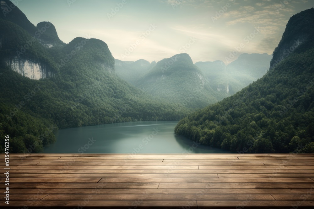An empty wooden floor table with blurred mountains, rivers, and forest