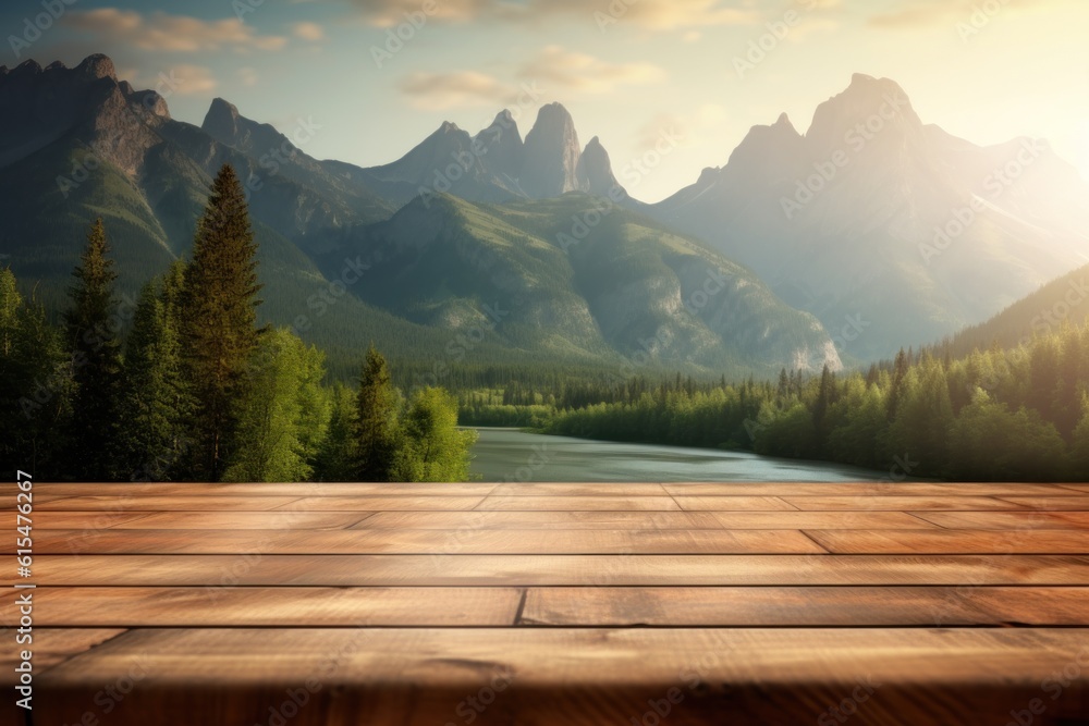 An empty wooden floor table with blurred mountains, rivers, and forest