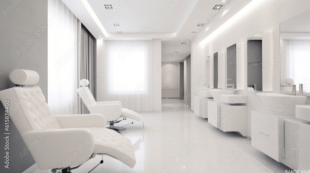 Modern interior of the beauty salon which consist of nail salon and barbershop.